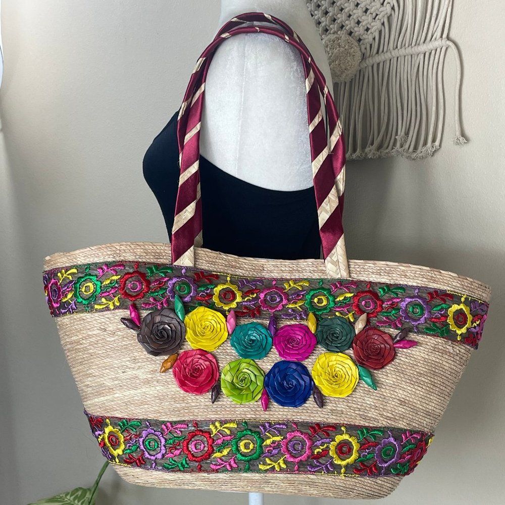 vintage bright colorful boho mexican ethnic beach tropical straw tote bag